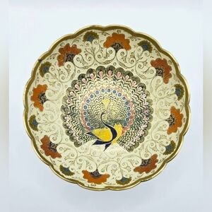 Vintage Enamel Peacock Bowl Brass Tone Scalloped Edge Mid Century Decor